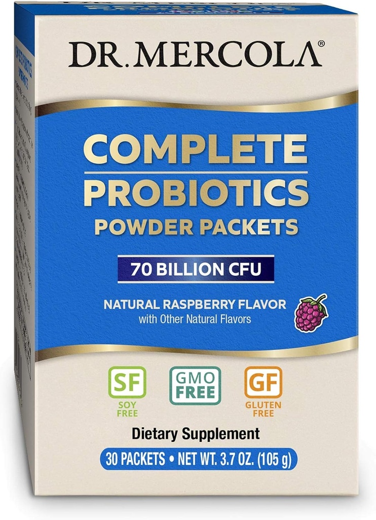Dr Mercola Complete Probiotics Powder Packets, 30 portions (30 packets), 70 milliards CFU, Flaveur de framboise naturelle, supplément alimentaire, soutien digestif et immunitaire, non-OGM