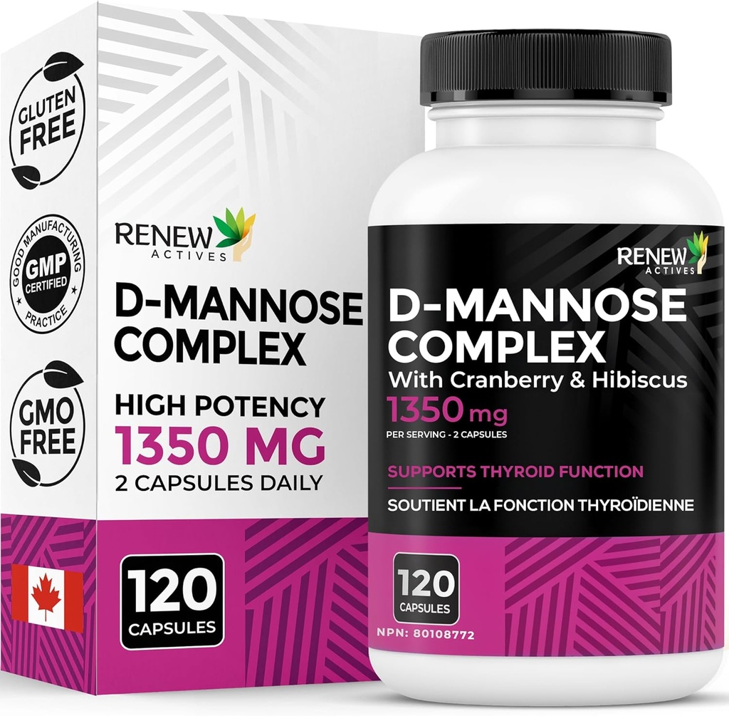 Renouveler Actives Complexe D-mannose et canneberge à haute puissance 1000MG par 2 capsules – avec Extraits d'Hibiscus et de Dandelion – Mélange antioxydant – Pas de arômes artificiels - Fabriqué au Canada - 120 capsules