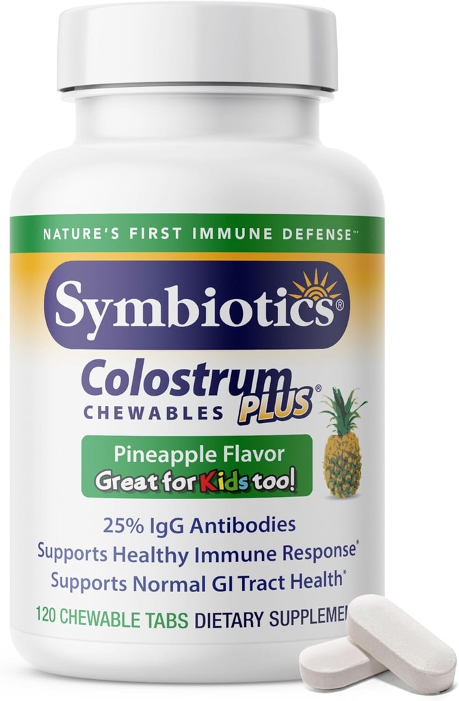 Symbiotics Colostrum 120ct Chewables Plus - Immunity Support for Adult & Kids - Lactoferrin Supplement & Colostrum Protein - Supports Digestion & Gut - 25% lgG Antibodies, Gluten Free - Pineapple