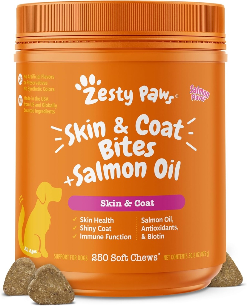 Zesty Paws Salmon Oil for Dogs Peau and Coat, Omega 3 Fish Oil Chews, Dog Allergy Relief Chews, Démangeaison Supplément, 250 Comte, Saveur de saumon