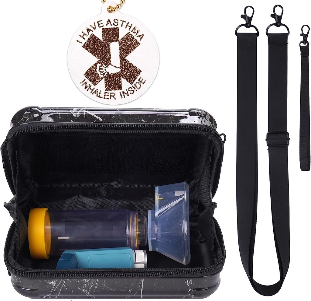 MGZNMTY étui de voyage pour l'inhalateur d'asthme, espaceur d'inhalateur pour les enfants et les adultes, masques, sac de support avec corde à épaule et poche en mesh pour la médecine (uniquement cas) (Marble noir)