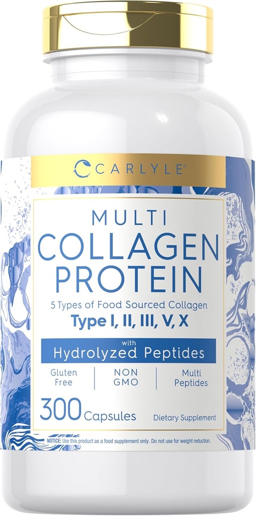 Carlyle Multi Collagen Protein Capsules 2000mg=300 Count=300 Type I, II, III, V, X=Collagen Peptide Pills=Keto & Paleo, Sans gluten, Supplément non OGM