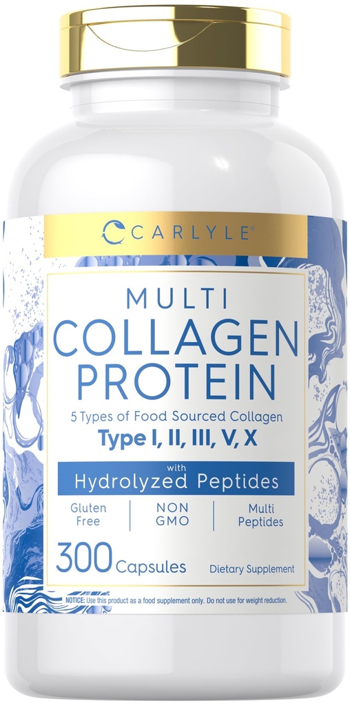 Carlyle Multi Collagen Protein Capsules 2000mg=300 Count=300 Type I, II, III, V, X=Collagen Peptide Pills=Keto & Paleo, Sans gluten, Supplément non OGM