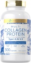 Carlyle Multi Collagen Protein Capsules 2000mg=300 Count=300 Type I, II, III, V, X=Collagen Peptide Pills=Keto & Paleo, Sans gluten, Supplément non OGM