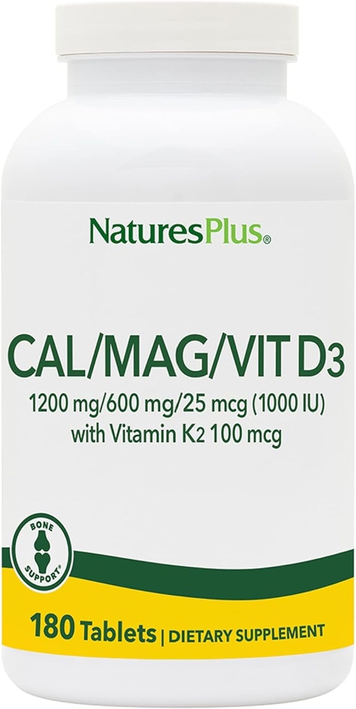 NaturesPlus Calcium/Magnésium/Vitamine D3 avec vitamine K2 - Soutient la santé osseuse et immunitaire - Végétarienne, sans gluten - 180 comprimés - 45 portions