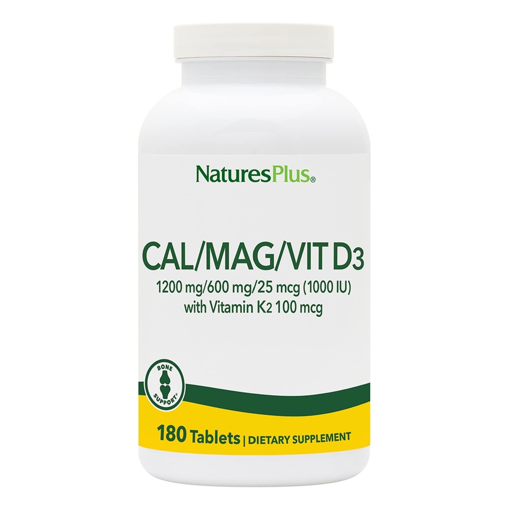 NaturesPlus Calcium/Magnésium/Vitamine D3 avec vitamine K2 - Soutient la santé osseuse et immunitaire - Végétarienne, sans gluten - 180 comprimés - 45 portions