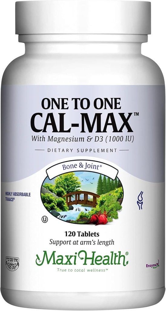 500 mg Supplément de calcium avec vitamine D3 (1000 UI) et magnésium (500 mg) - Soutien des os, des dents et des articulations pour les hommes et les femmes - 120 comprimés - Un à un Cal-Max par Maxi Health