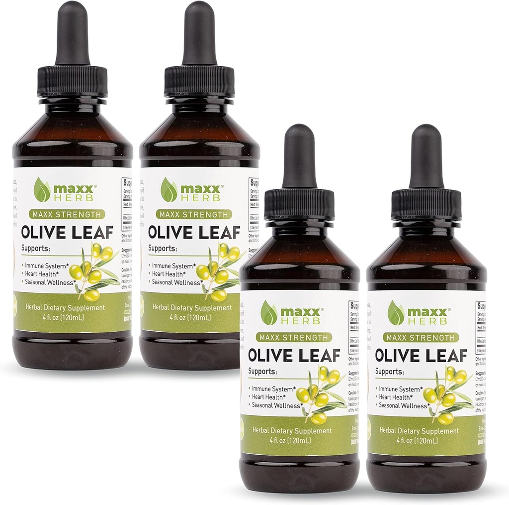 Maxx Herb Olive Leaf Extract – Max Strength Oleuropein Absorbes liquides mieux que des capsules ou du thé, pour le soutien immunitaire, la santé cardiaque et le bien-être saisonnier - 4 bouteilles, 4 oz chacune (240 portions)