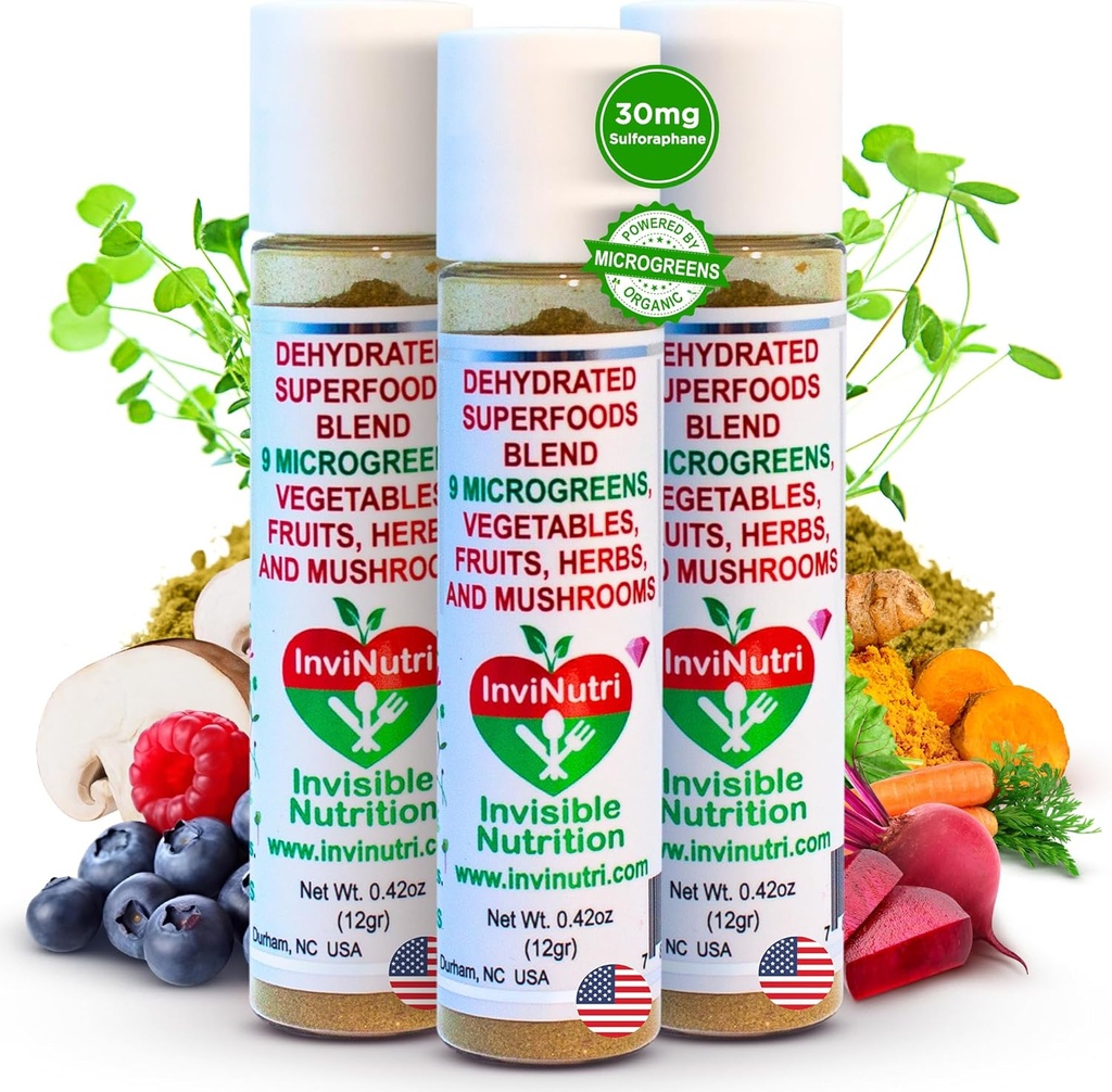 InviNutri Superfood Powder for Pickery Eaters – Non aromatisé, Sensory-Afriendly – 40x Nutrient-Rich, 30mg Sulforaphane – Microgreens organiques, fruits et légumes – Mélanges invisibles dans la plupart des repas - 72 serv.