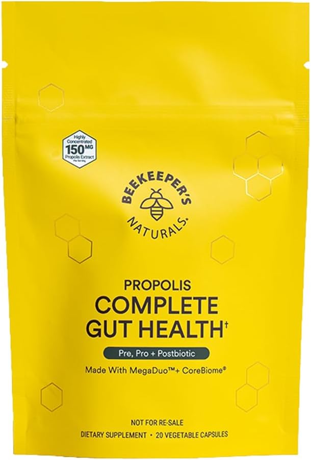 Beekeeper's Naturals Complete Gut Health, 3-in-1 Prebiotic, Postbiotic, Probiotics for Digestive Health & Bloating Relief for Women & Men, Propolis Powered, Gluten-Free Vegan Capsules, 20ct