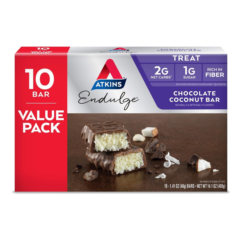 Atkins Endulge chocolat coco bar, dessert préféré, haut en fibre, 1g de sucre, 10 comte