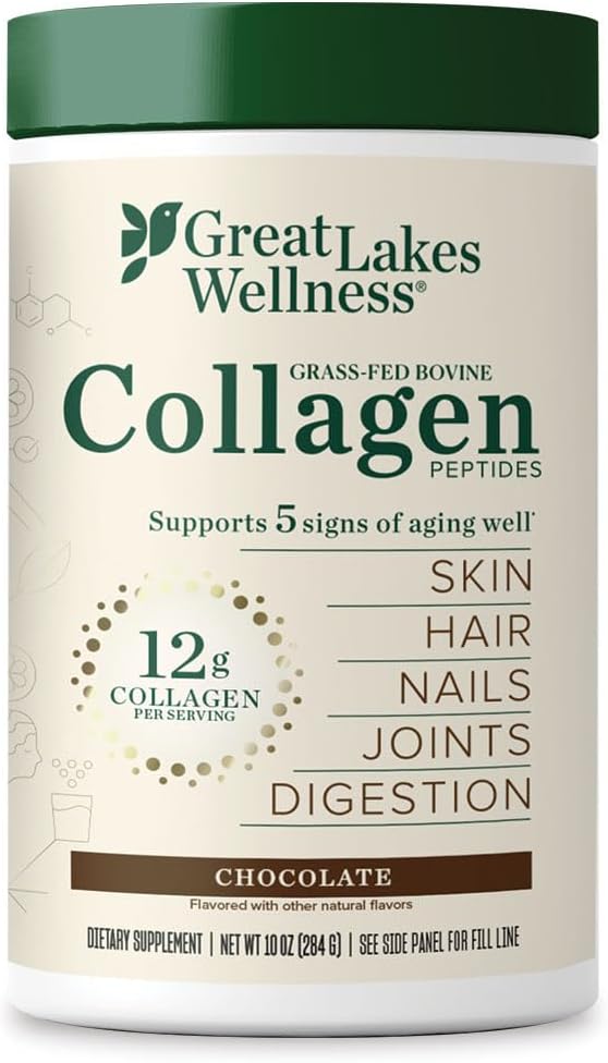 Great Lakes Wellness Collagen Peptides Poudre pour la peau, les cheveux, les ongles, les articulations et la digestion - Chocolat aromatisé - Dissolve rapide Hydrolysé, non-OGM, Kosher - 10 oz