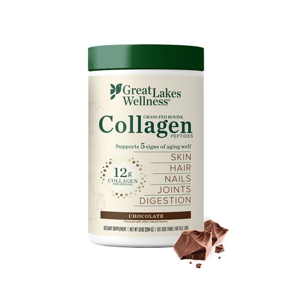 Great Lakes Wellness Collagen Peptides Poudre pour la peau, les cheveux, les ongles, les articulations et la digestion - Chocolat aromatisé - Dissolve rapide Hydrolysé, non-OGM, Kosher - 10 oz