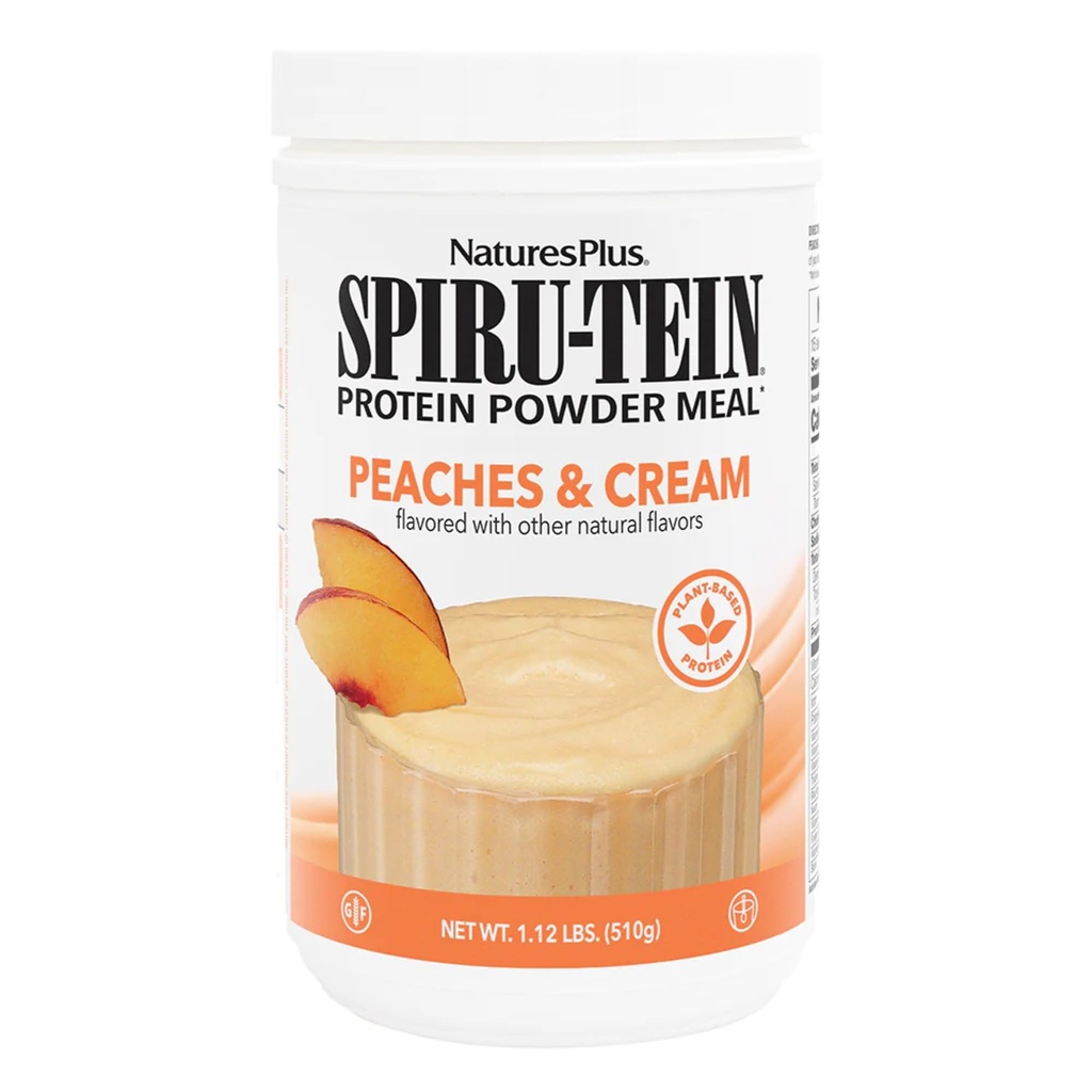 NaturesPlus SPIRU-TEIN Shake - Pêches et crème - 1,1 lb, poudre de protéines de spiruline - substitut de repas à base de plantes, vitamines et minéraux pour l'énergie - végétalien, sans gluten - 15 portions