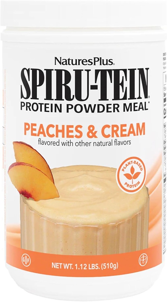 NaturesPlus SPIRU-TEIN Shake - Pêches et crème - 1,1 lb, poudre de protéines de spiruline - substitut de repas à base de plantes, vitamines et minéraux pour l'énergie - végétalien, sans gluten - 15 portions