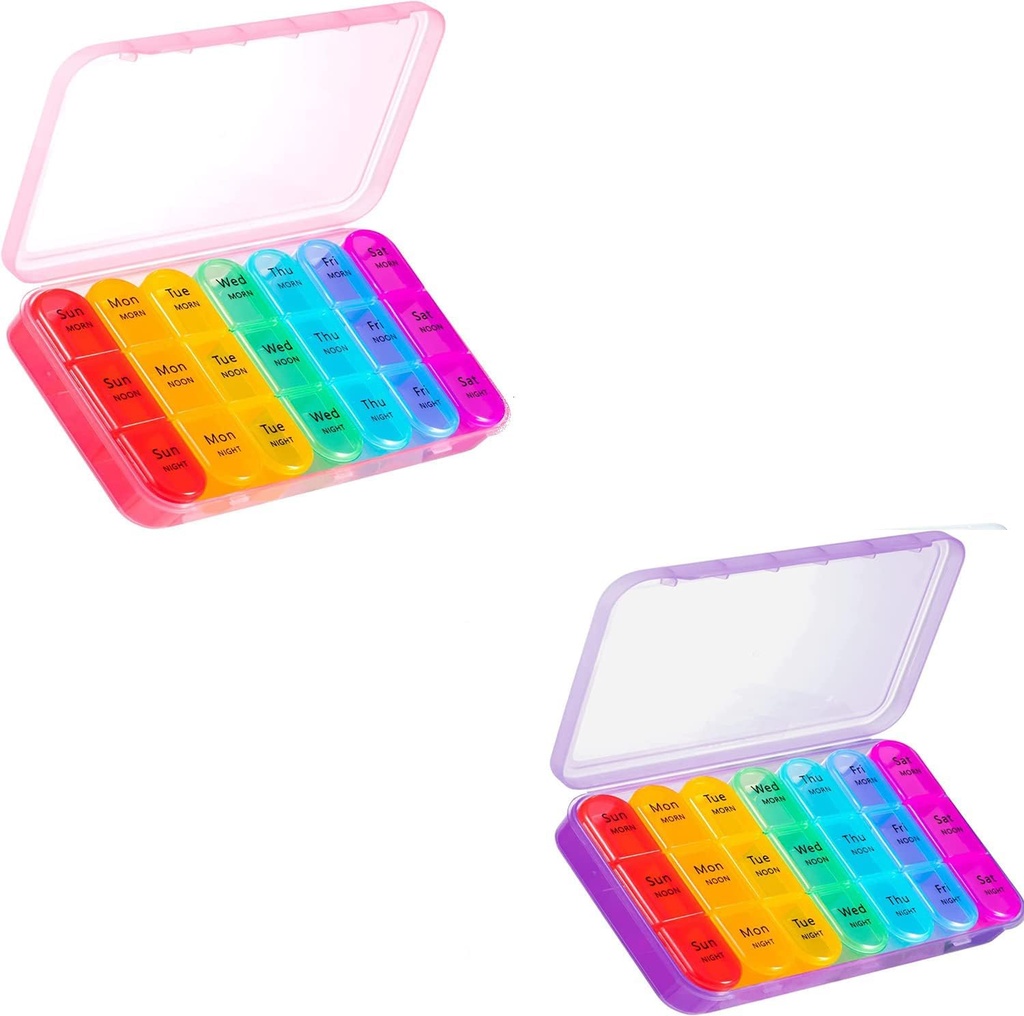 Organisateur de pilules roses et violettes 3 fois par jour - Pill Box hebdomadaire 3 fois par jour - Pill Box quotidien 7 jours Organisateur de médicaments, Pill Case Grande Boîte 3 fois par jour, Organisateur de pilules de voyage,