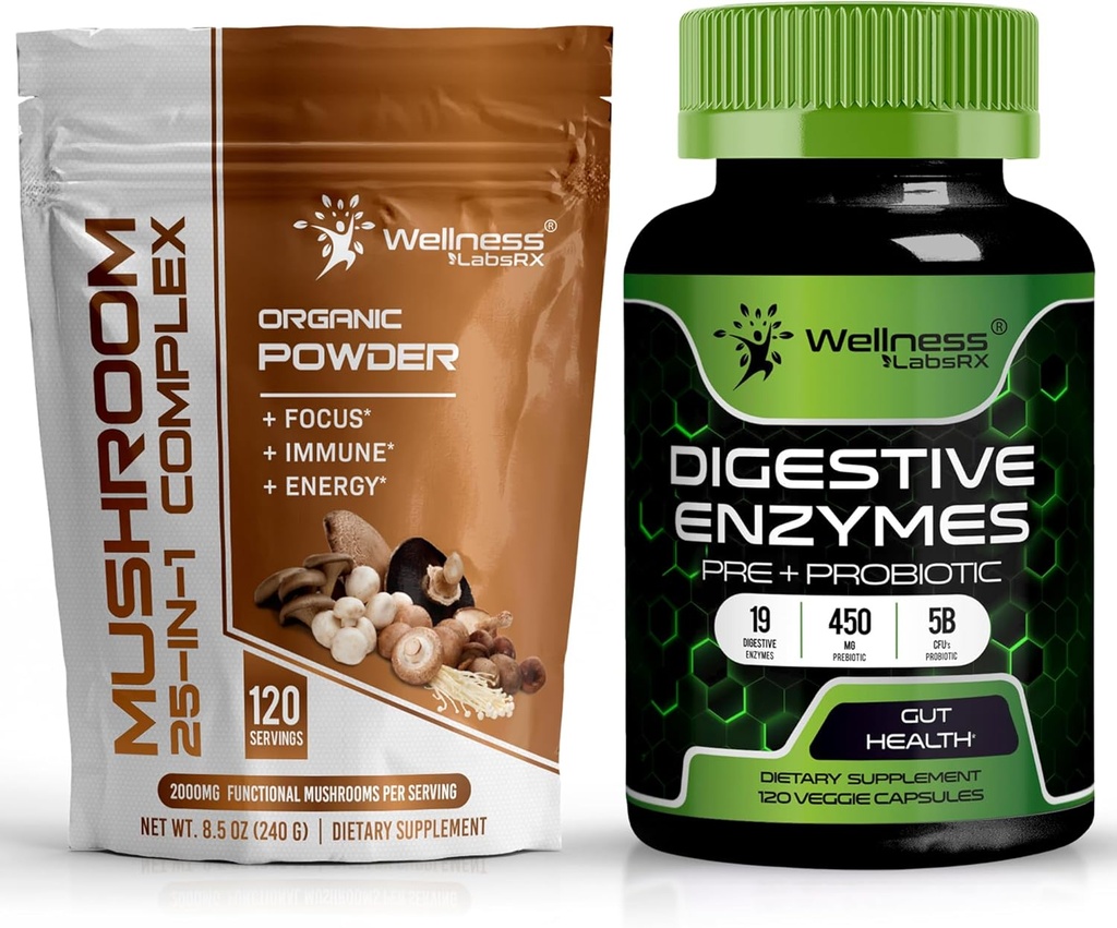 WELLNESS LABSRX Poudre de champignons 2000mg - Enzymes digestifs avec probiotiques et prébiotiques