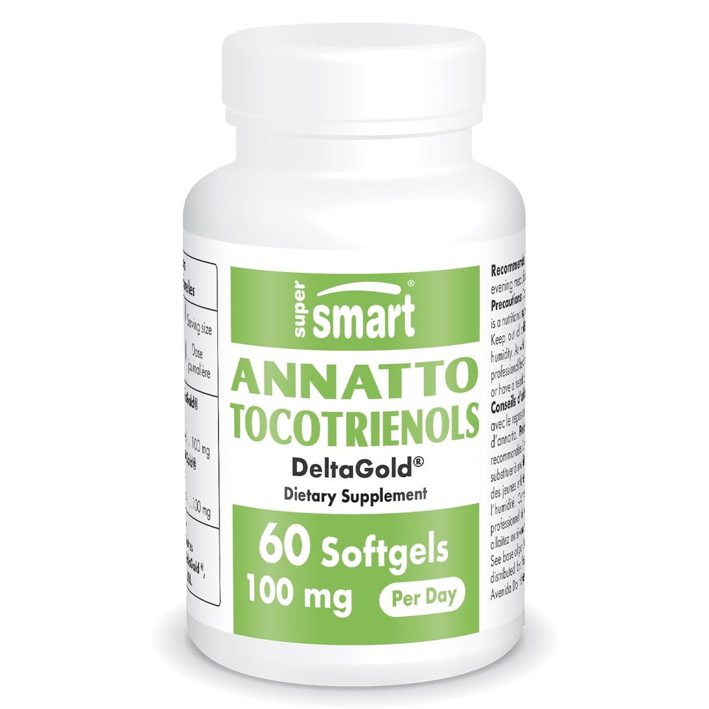 Supersmart Annatto Tocotriénols 100mg par jour (DeltaGold Vitamine E) - Supplément de tocotriénols (non-OGM et sans gluten) - 60 Softgels