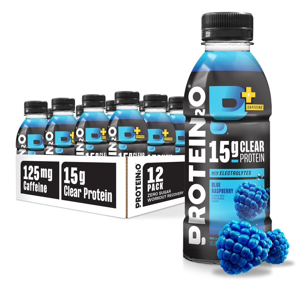 Protéine2o 15g Protéine Isolée Hydratation boisson plus énergie et focus, 350mg d'électrolytes, 125mg de caféine, sans sucre, framboise bleue, 16,9 oz bouteille (paquet de 12)