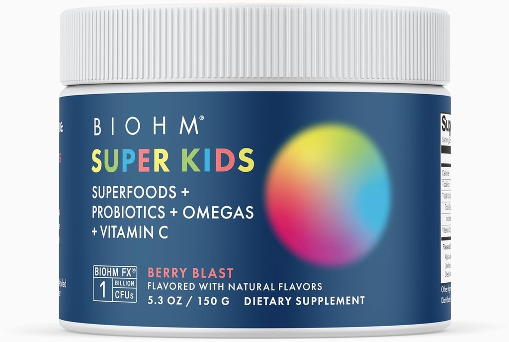 BIOHM Super Kids Superfood Powder Plus Probiotiques, (5.3 Oz, 30 portions) Delicious Berry Blast, Antioxydants, Oméga 3 et vitamine C, Non-OGM, Sans produits laitiers, Pas d'ingrédients artificiels, Végétarien, Ages 4+