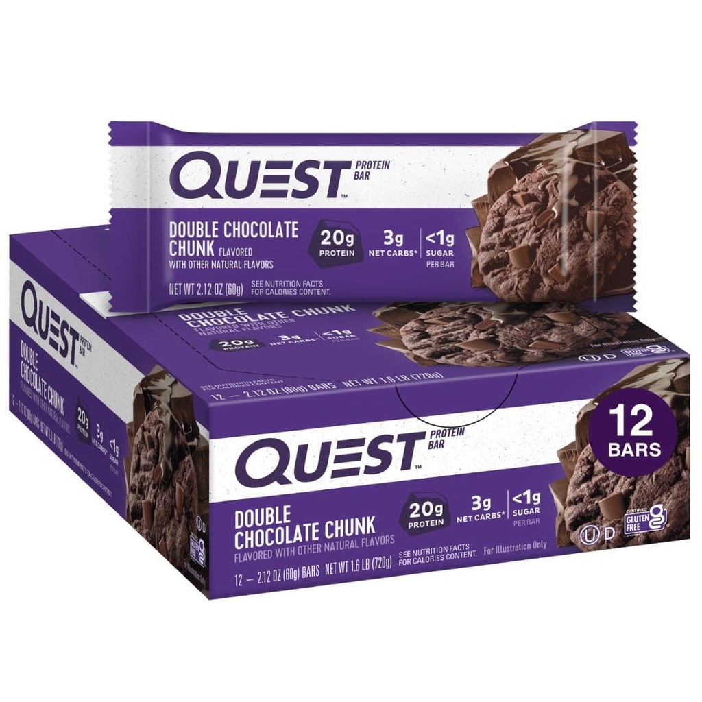 Quest Nutrition Double Chocolat Barres protéinées en morceaux, 20g Barres protéinées, 1g de sucre, 4g de glucides nets, sans gluten, Keto Friendly, 12 Compte