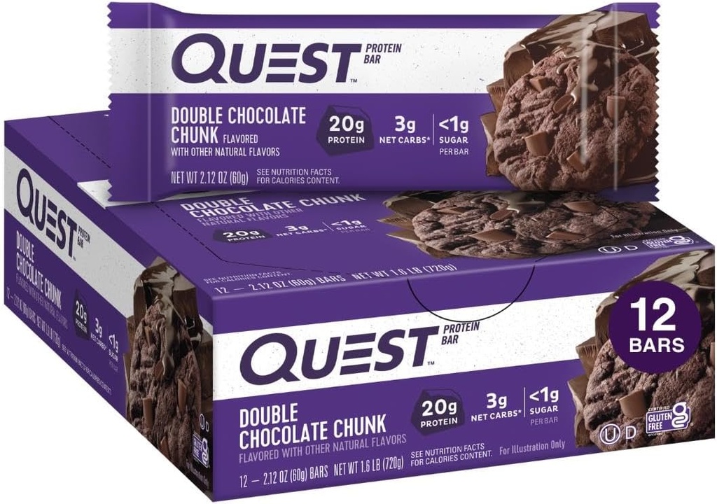 Quest Nutrition Double Chocolat Barres protéinées en morceaux, 20g Barres protéinées, 1g de sucre, 4g de glucides nets, sans gluten, Keto Friendly, 12 Compte