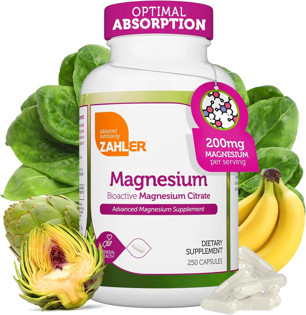 Zahler - Capsules de supplément de magnésium 200 mg (250 Nombre) Citrate de magnésium bioactif certifié Kosher pour absorption maximale - Minéral de magnésium naturel pour les hommes et les femmes - Meilleurs suppléments de magnésium