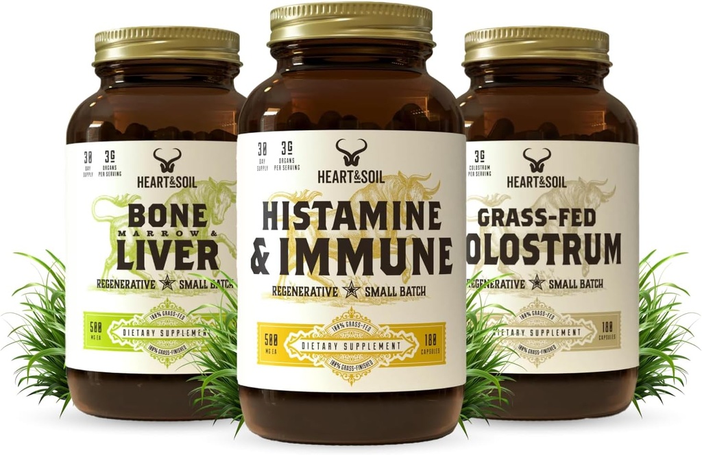 HEART & SOIL Immune Support Stack – Comprend Histamine & Immune Supplément, Marrow os et foie, Grass-Fed Colostrum pour la santé digestive, Gut Balance, et le bien-être général