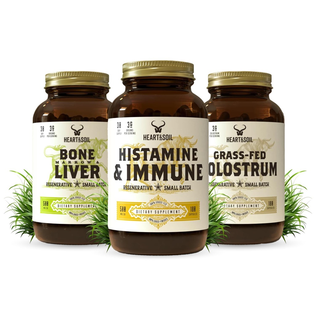 HEART & SOIL Immune Support Stack – Comprend Histamine & Immune Supplément, Marrow os et foie, Grass-Fed Colostrum pour la santé digestive, Gut Balance, et le bien-être global
