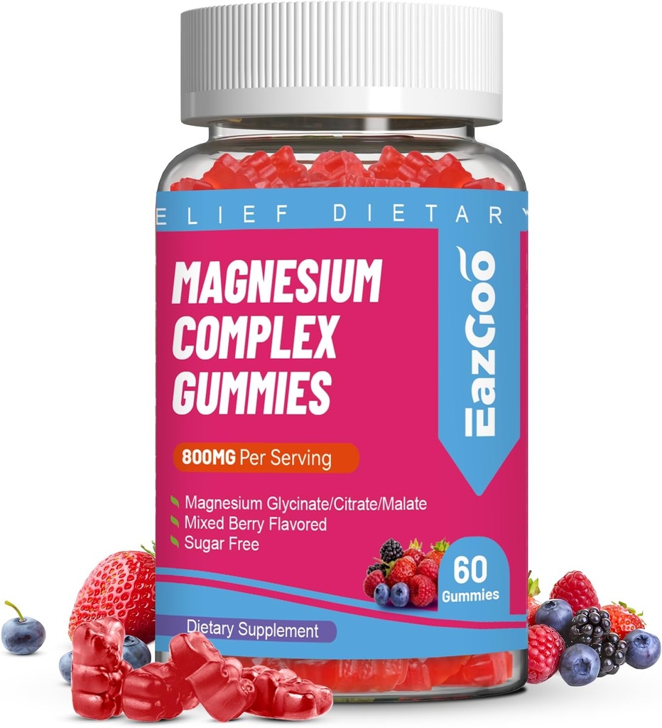 Magnésium Gommies 800mg - Complexe Vitamine D3, C, B6, B12 et zinc avec Magnésium Glycinate, Citrate & Malate, Magnésium complexe Gommies pour Muscle, Mood & Energy, Vegan 60 comtes
