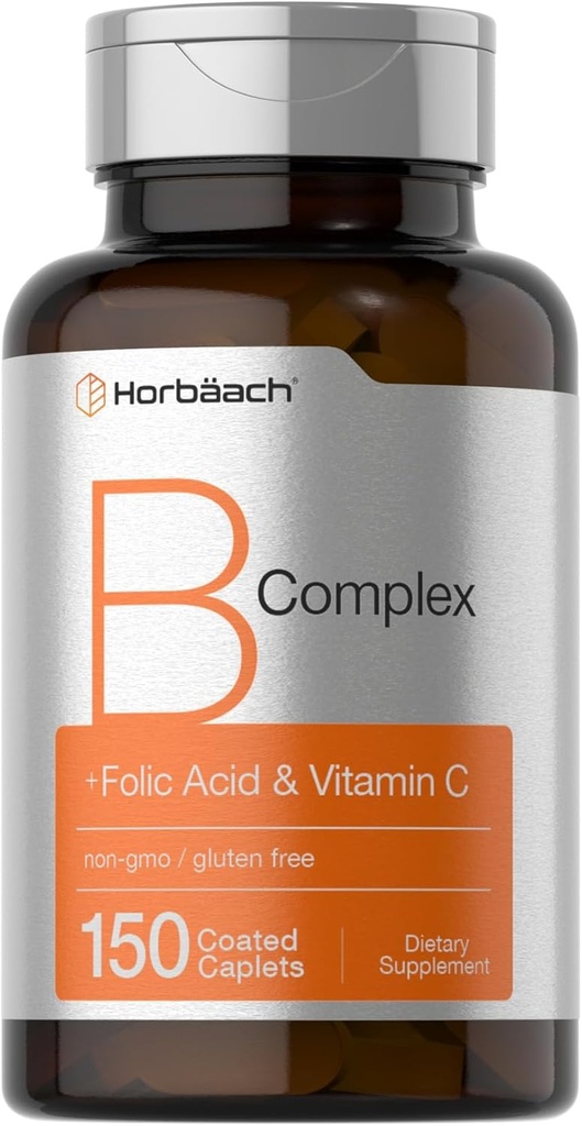 Horbaach B Vitamines complexes pour les femmes et les hommes : 150 Caplets avec acide folique et vitamine C. Supplément sans OGM et sans gluten
