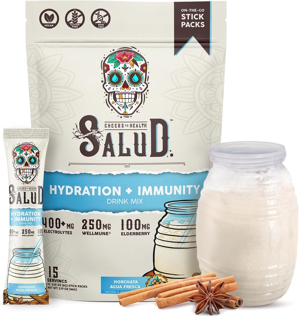Salud 2-en-1 Packs d'hydratation + Immunity Electrolytes Poudre, Horchata - Agua Fresca Mélange de boisson, Elderberry, Laiterie et sans soja, Non-OGM, Sans gluten, Vegan, Faible calories, 1g de sucre (15 portions)