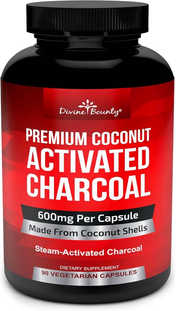 Capsules de charbon actif biologique de Bounty Divine - 600mg Pilules de charbon de coco - 90 capsules de légumes