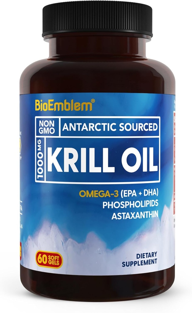 BioEmblem supplément d'huile de krill antarctique de 1000mg de pétrole oméga-3 avec des niveaux élevés d'EPA + DHA, Astaxanthine et Phospholipides.