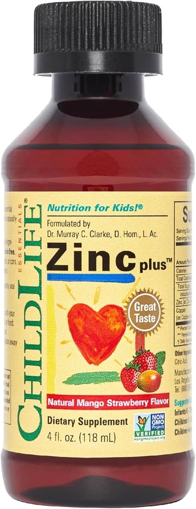 ENFANT ESSENTIELS Liquid Zinc Plus pour les enfants et les tout-petits - gouttes de supplément liquide, gluconate de zinc et cuivre pour le support immunitaire - Fraise de mangue, 4 Fl Oz (paquet de 1)