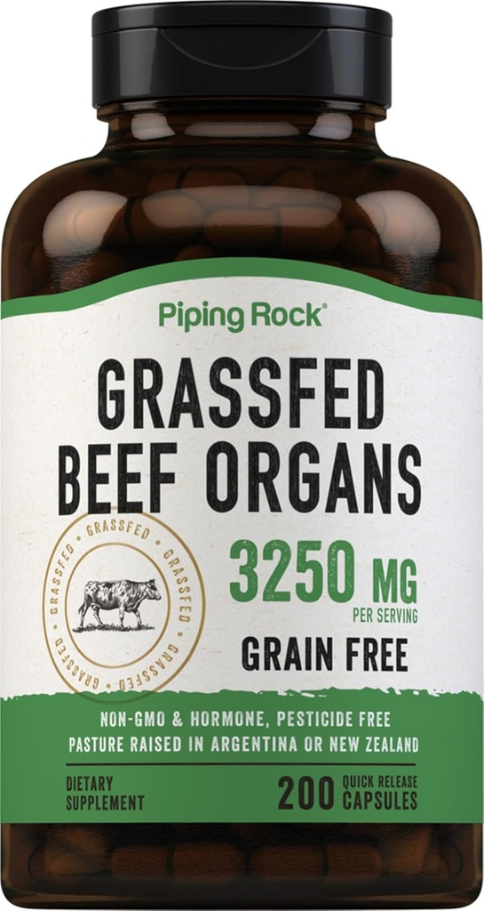 Piping Rock Grass Fed Beef Organs | 3250 mg | 200 Capsules | Liver, Kidney, Pancreas, Heart, Spleen Supplement | Non-GMO, Gluten Free