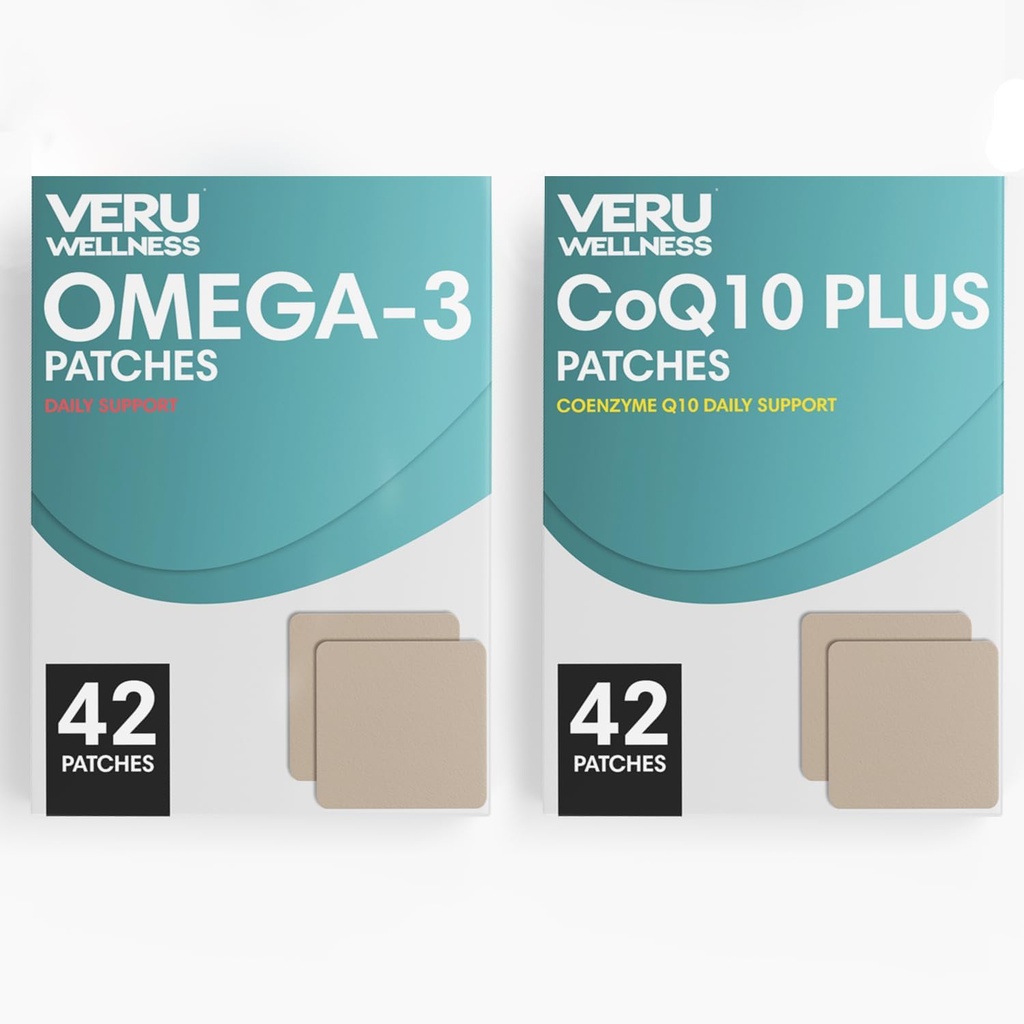 Veru Wellness Cardiovasculaire & Brain Strength Duo Lifestyle Patches Omega3 Coenzyme Q10 - Autocollant de sortie de temps, 8-10 heures (42 jours d'approvisionnement)