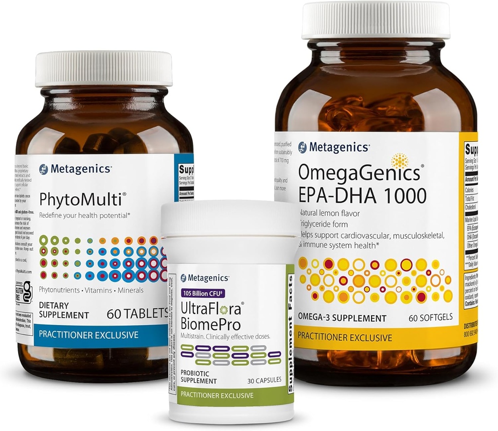 Métagène PhytoMulti - 60 comprimés, OmegaGenics EPA-DHA 1000-60 Softgels et UltraFlora BiomePro - 30 capsules