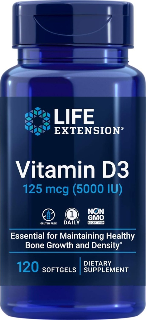 Durée de vie Vitamine D3 5000 UI, 120 softgels, 125 mcg