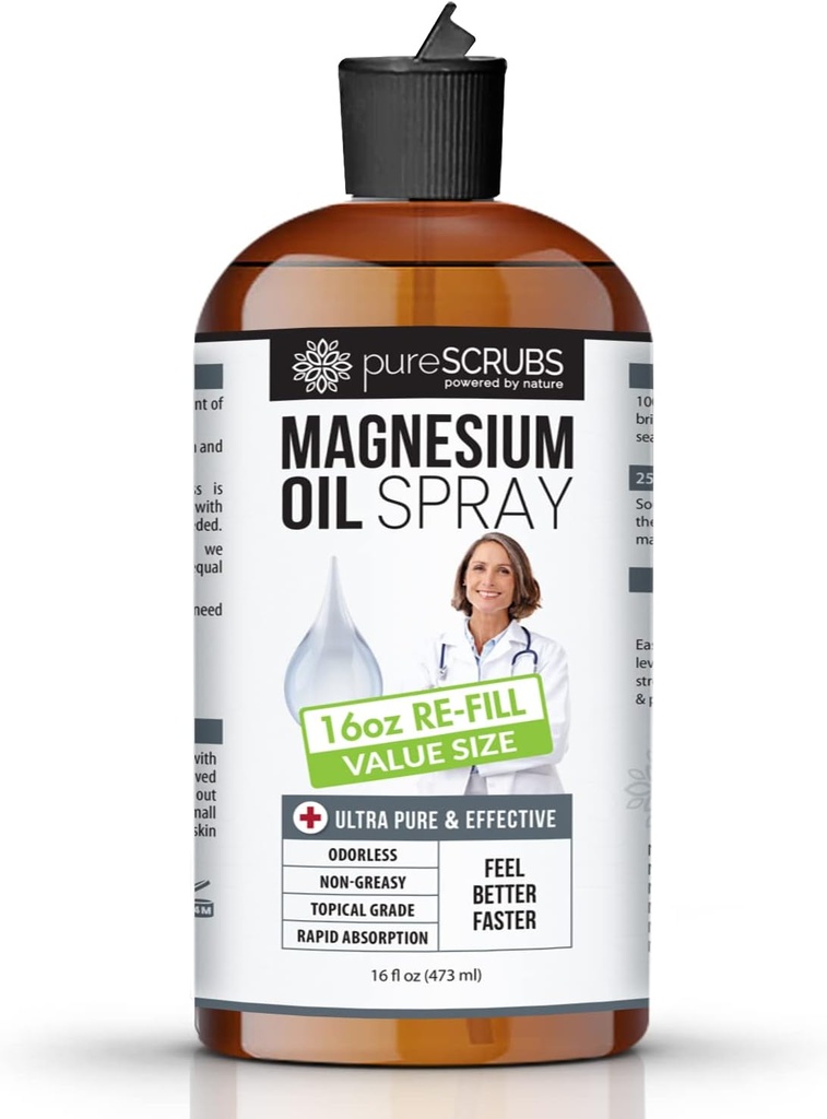 Huile de magnésium pure, meilleure valeur - Grand 16oz Re-Fill Taille (12 mois d'approvisionnement), Brine Zechstein biologique - Se sentir mieux plus rapide.