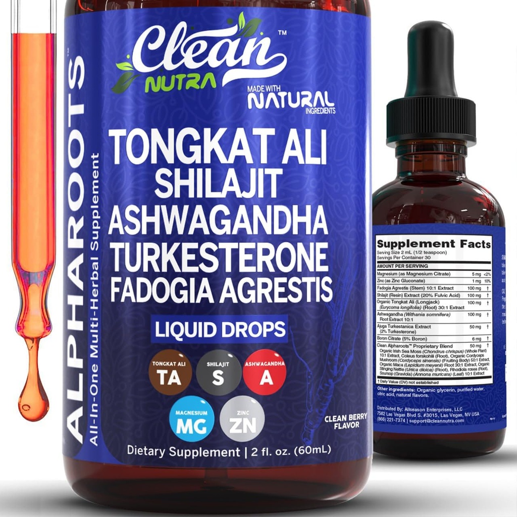 Tongkat Ali Liquid Drops Shilajit, Ashwagandha, Turkesterone, Fadogia Agrestis, Magnesium, Irish Sea Moss, and Zinc Herbal Supplement by Clean Nutra