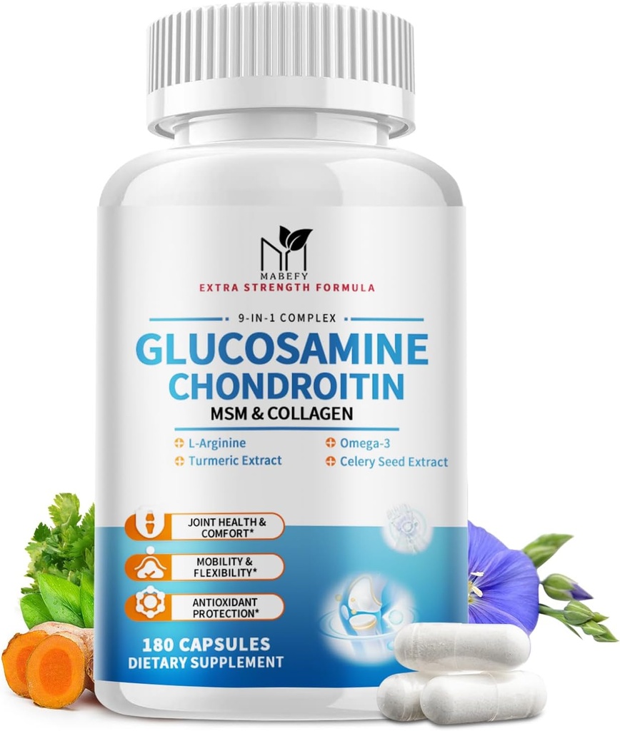 Glucosamine Chondritine MSM Capsules,Glucosamine 1500mg avec collagène, curcuma, Suppléments articulaires pour hommes,180 Capsules