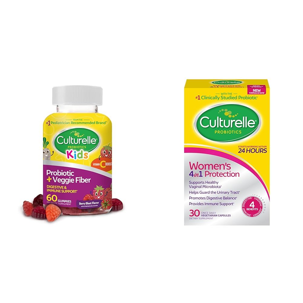 Culturelle Daily Probiotic pour les enfants + Gommies de fibre végétative (Age 3+) - 60 Compte - Digestion de la santé et des femmes - Suppléments probiotiques quotidiens 4-en-1 pour les femmes - Soutient la santé vaginale