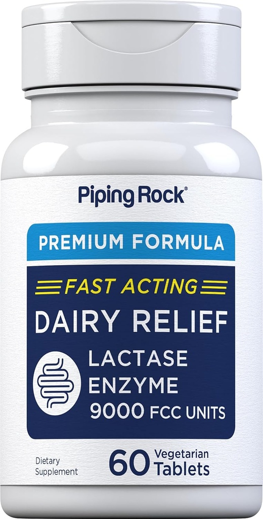Piping Rock Dairy Relief Pills $ 9000 FCC $ 60 Comprimés $ Supplément enzymatique à la lactase $ Végétarien, non-OGM, sans gluten