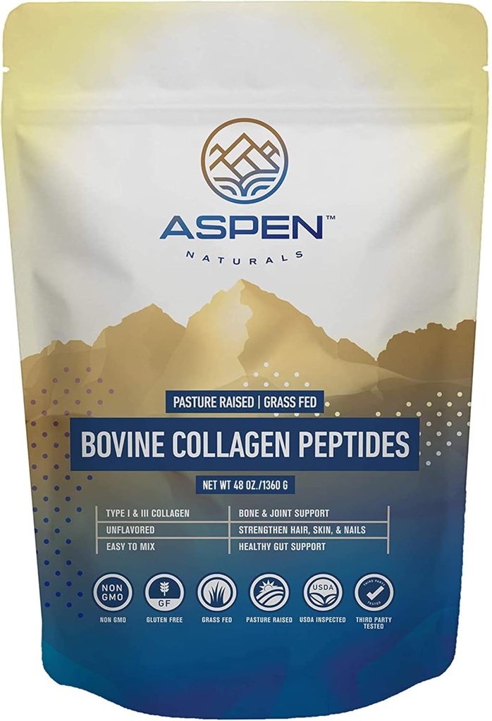 ASPEN NATURALS Poudre de peptides de collagène à l'herbe 3lb - Collagène pour femmes, États-Unis Source: USDA Inspected Botle, sans gluten, paléofriendly, soluble dans l'eau, sans saveur, mélanges faciles