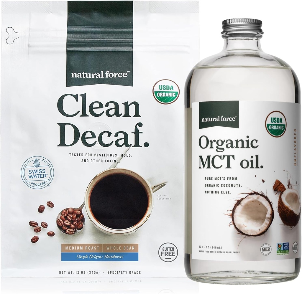 Natural Force Bio Clean Decaf Coffee + Organic MCT Oil Bundle – 100% pur Coconut MCTs & Mold & Mycotoxine sans café – Non-OGM, Keto, Paleo et Vegan - 12 Oz et 32 Oz