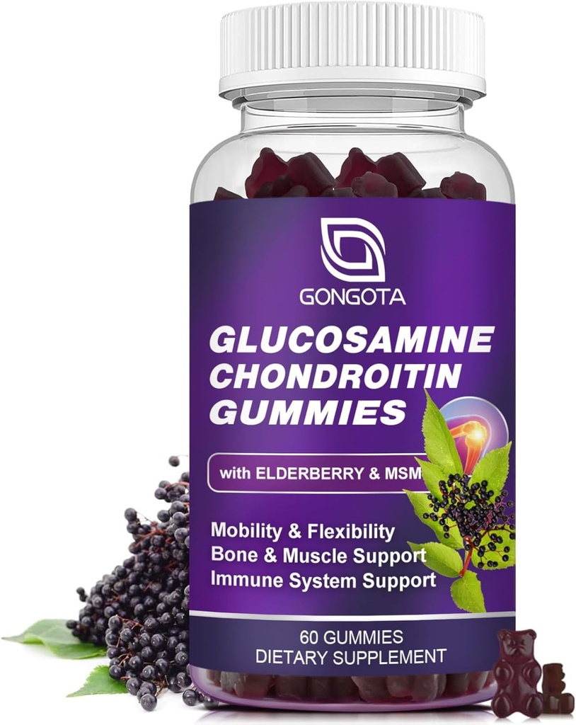 Glucosamine Chondroitine Gommies - 2- Pack, Extra Strength 1500mg Glucosamine avec MSM & Elderberry, Soutien de flexibilité, Meilleurs Cartilage & Supplément de Support Immune pour hommes et femmes - 60count (1 Pack)