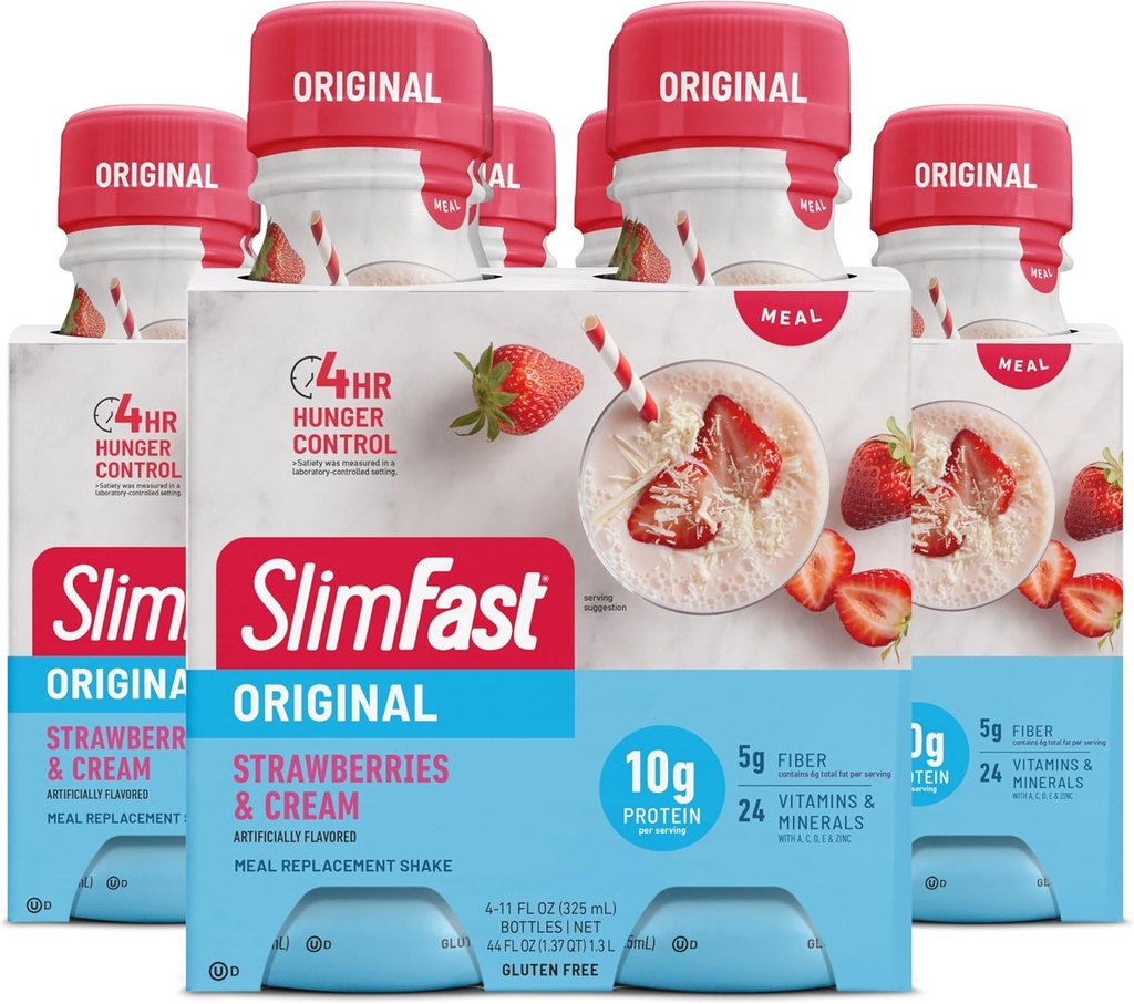 SlimFast substitut de repas Shake, fraises et crème d'origine, 10g de protéines prêtes à boire pour la perte de poids, 11 Fl. Oz bouteille, 4 comte (paquet de 3) (emballage mai vary)