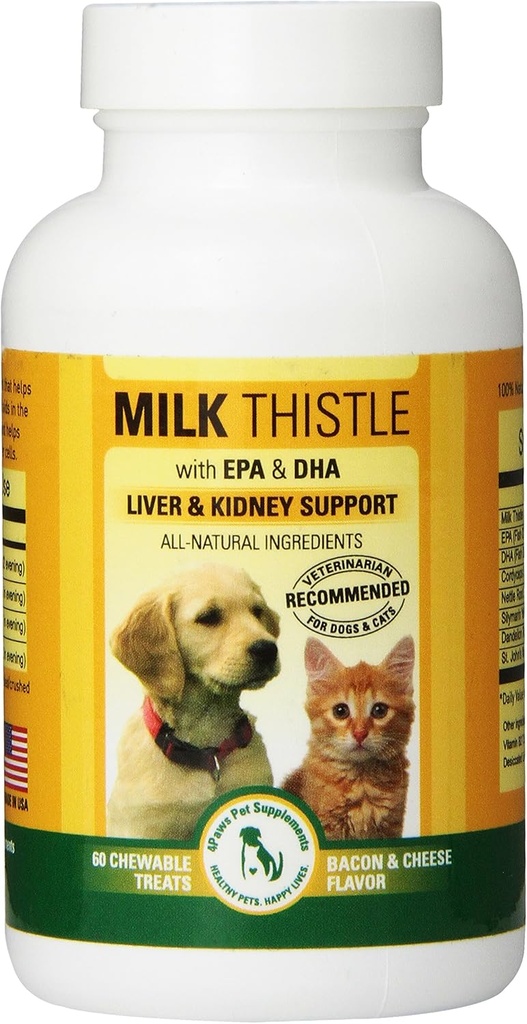 Supplément du foie et du rein de chardon de lait pour les chiens et les chats atteints de DHA, EPA, de silymarin et de vitamine B (B1 B2 B6 B12) pour prévenir la maladie du foie et du rein - 60 gâteries à croquer - Saveur de fromage de bacon