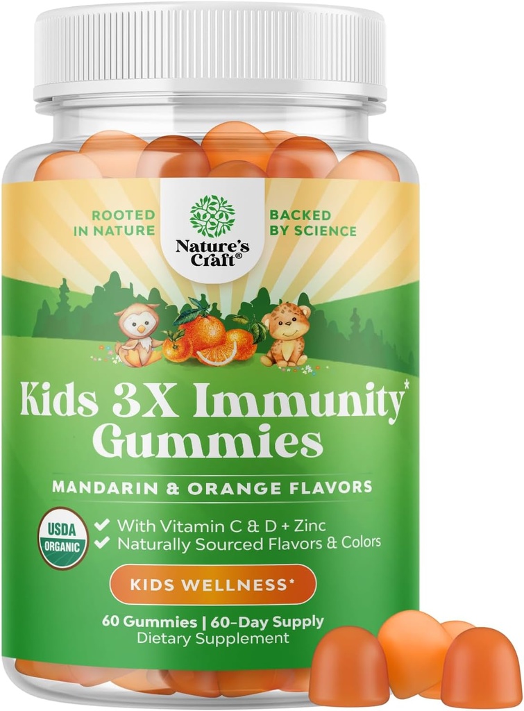 Natures Craft Organic Kids Immune Support Gommies - Gommies Vegan Organic Vitamine D pour les enfants avec vitamine C et zinc pour l'immunité - D3 Zinc et C sans gluten et non OGM (60 portions)